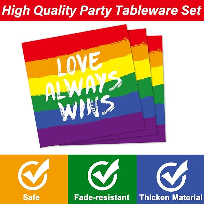 ZOIIWA 96PCS Pride Party Decorations Tableware Set Rainbow Party Supplies for 24 Guests Disposable LGBT Dinnerware Plates Napkins Forks for Rainbow Gay Pride Theme Favors