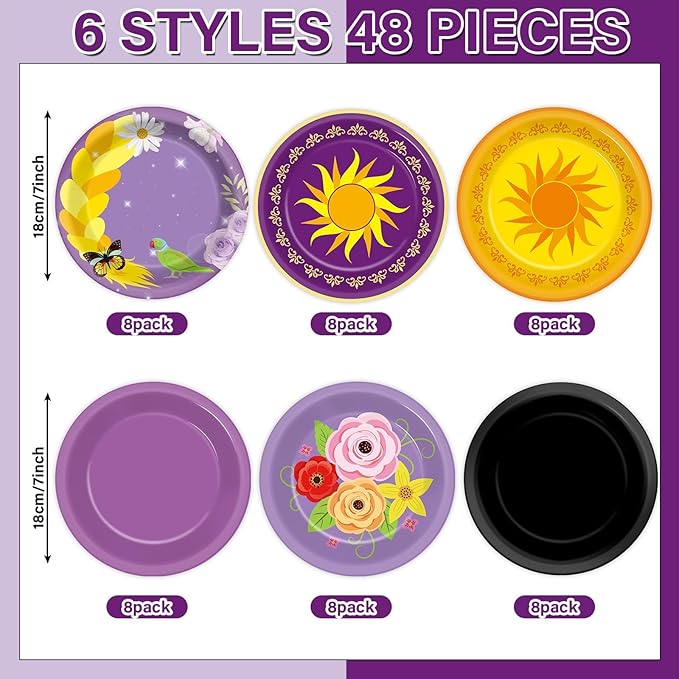 48Pcs Purple Sun Paper Plates Purple Princess Birthday Party Decorations 7 Inch Princess Sun Floral Pan Hair Dessert Plates Disposable Tableware Set for Baby Shower Wedding Party Supplies