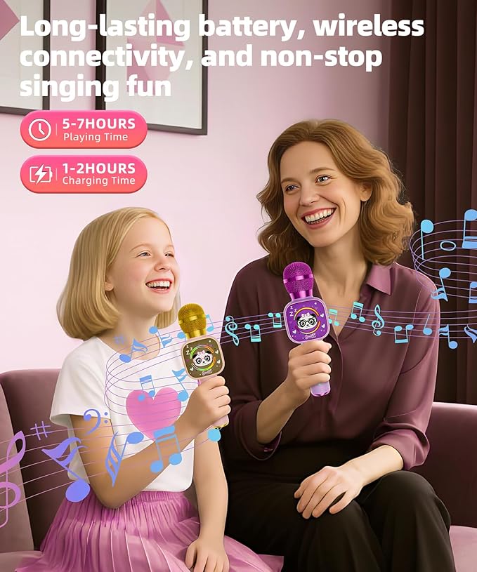 Bluetooth Karaoke Microphone Toy for Kids - Mini Portable Speaker with LED Lights, Wireless Pairing (TWS) for Duet Singing, Christmas Birthday Gift Toys for Boys & Girls Ages 2-12 (Pink - 1)