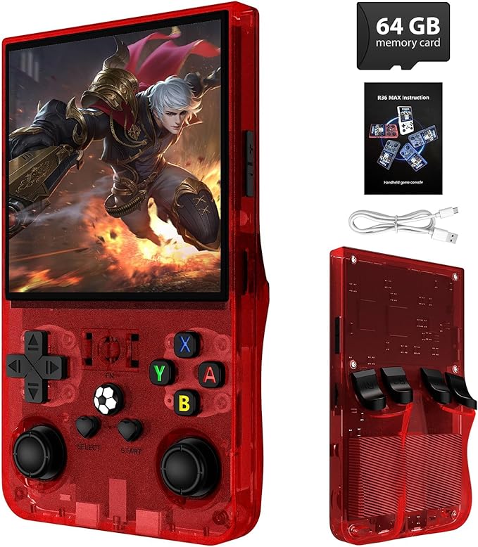 DVJQSN R36MAX Retro Handheld Game Console, 4.0 Inch Screen, 64GB, 18000+ Games, Linux System, 4000mAh Battery (Red Transparency, 128, GB)