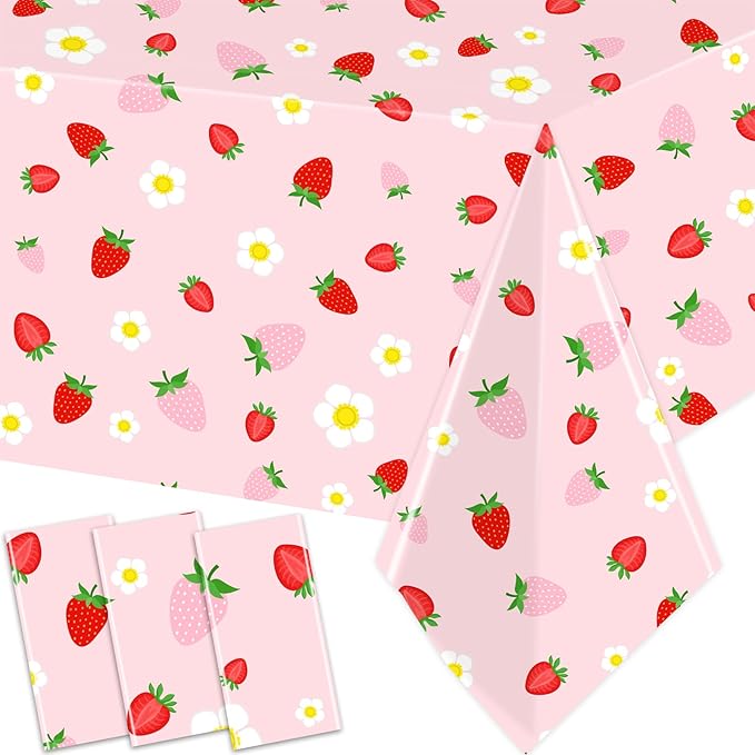 GREHUMOR 3 Pack Strawberry Tablecloth Strawberry Birthday Decorations Plastic Strawberry Theme Party Table Cover for Girls Sweet One Birthday Berry Sweet Baby Shower Party Supplies 51x87 inches
