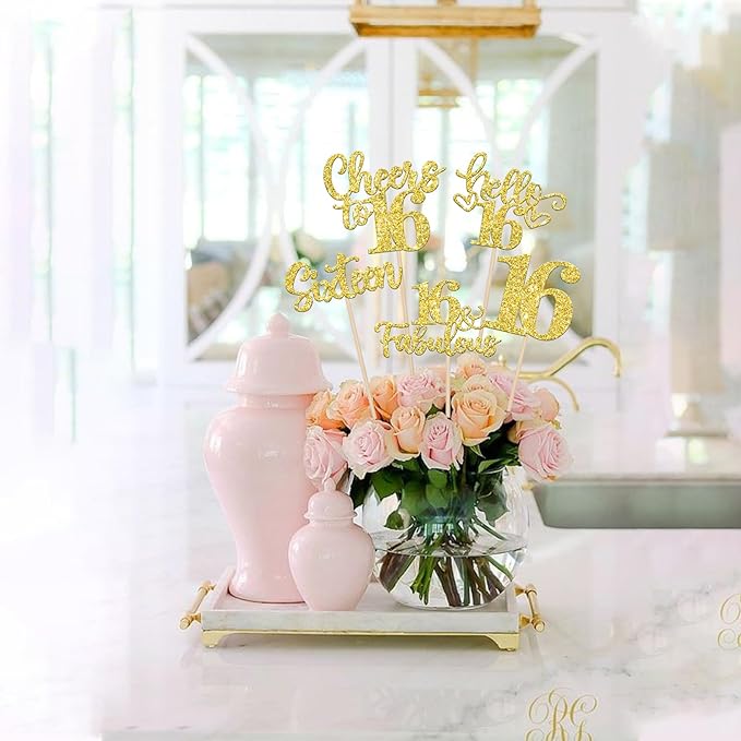 15PCS Happy 16th Birthday Centerpiece Sticks Hello 16 Fabulous Table Flower Centerpieces Sticks Sixteen Cheers to 16 Years Floral Decoration for Happy 16th Birthday Party Centerpieces Sticks Gold