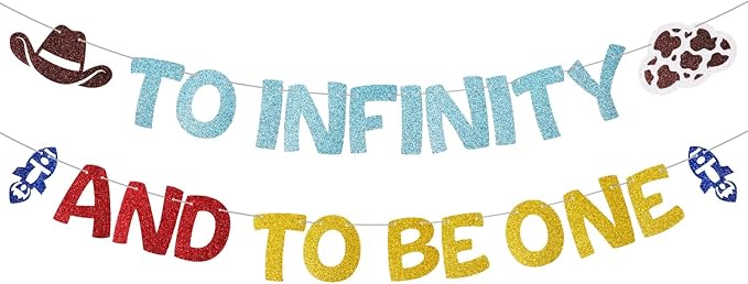 Pre-Strung Glitter To Infinity and To Be One Banner Cartoon Story 1st Birthday Party Decorations Toy Inspired Game 1st Birthday Banner Space Theme Inspired One Year Old Milestone Party Supplies