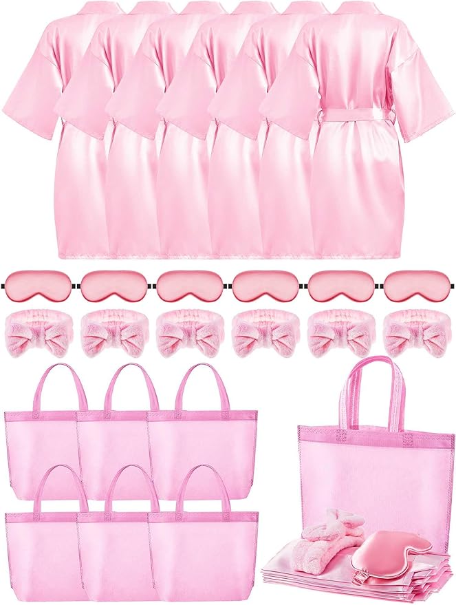 Sintuff 24 Pcs Sleepover Party Supplies for Girls 6 Spa Robes for Girls Slumber Party 6 Tote Bags 6 Headbands 6 Spa Masks