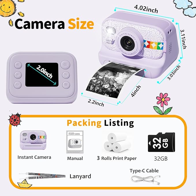 Instant Print Camera for Kids, Christmas Birthday Gifts for Girls Boys Age 3-12, Thermal Printing,1080P Digital Video Portable Travel Toddler Toy Camera Purple