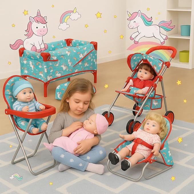 Fash n kolor® 4 Piece Doll Play Set, Doll Accessories Gift, Toy Set -Unicorn Design Includes, Doll Foldable Bed, Doll Stroller, Doll High Chair and Doll Seat, Dolls Gift Set (4 Piece Set)