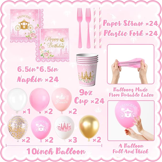 196Pcs Princess Birthday Party Decorations Serves 24,Pink Princess Birthday Themed Tableware Includes Scalloped Plates,Napkins,Tablecloth,Banner,Balloon,Cake Topper for Girls Princess Party Supplies