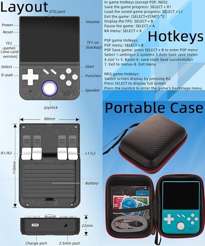 My Mini Handheld Game Console 3.5-in 640*480 IPS OCA Screen RK3326 4000mAh mymini with Portable Case Turquoise Green-64GBVer.