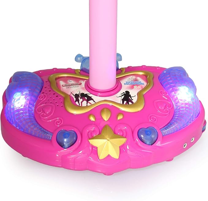 Mozlly Super Star Kids Karaoke Machine with Microphone Stand Playset - Pink Microphone with Stand with Built-in Jack and Speaker for MP3 Player, Singing Toys for Girls and Boys with Music and Light