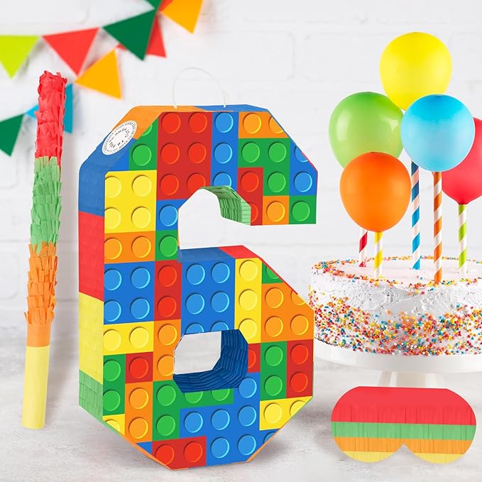Building Blocks 6th Birthday Party Decorations Number 6 Pinata with Pinata Stick & Blindfold for Kids Girls Boys Happy Birthday Building Block Theme Party Supplies Carnival Games