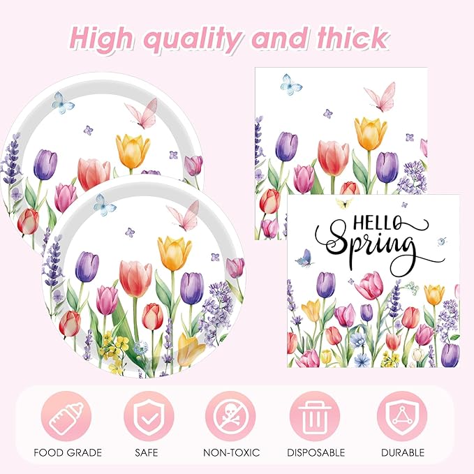 41Pcs Flower Party Decorations Tableware Set, Tulip Spring Floral Paper Plates Napkins and Tablecloth Disposable Party Supplies for Spring Summer Picnic Wedding Tea Party Mother's Day, Serve 24 Guests