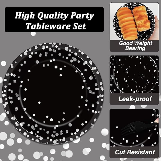 gisgfim 96 Pcs Black and Silver Party Supplies Paper Plates Napkins Silver Dot on Black Party Birthday Tableware Kit Black and White Birthday Decorations Favors Serves 24, MM1220