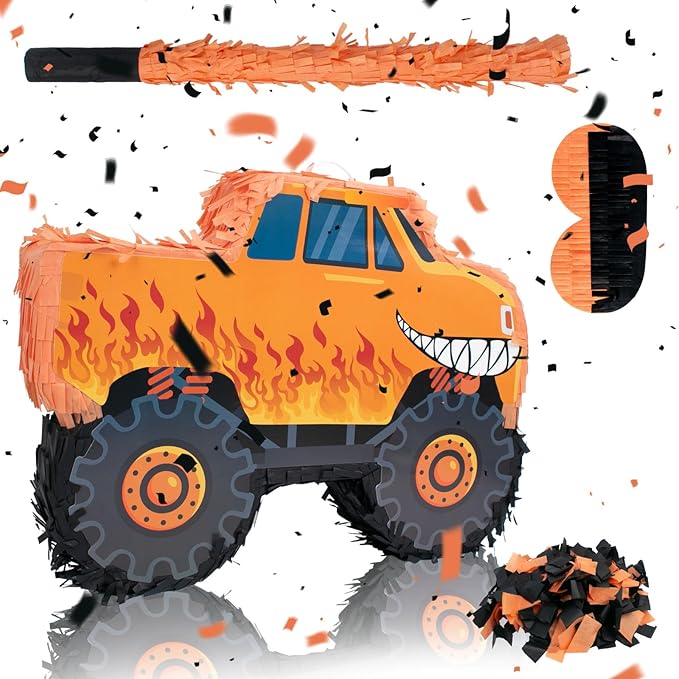 Truck Piñata - Monster Truck Piñata Bundle with Blindfold and Bat for Piñata Theme Party Decoration Supplies Cool Car Piñata for Birthday Party Carnival Celebration Game (15.75*11*2.36 Inch,Small)