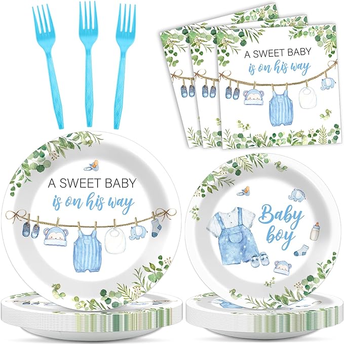 96Pcs Greenery Baby Shower Plates and Napkins Decoration Watercolor Blue Baby Boy Party Tableware Dinnerware Set A Sweet Boy Is On His Way Paper Plates for Gender Reveal Party Supplies Serve 24 Guests