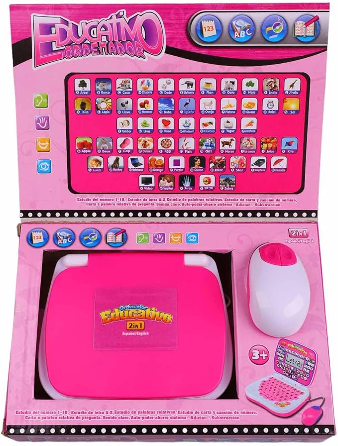 Kids Learning Laptop Bilingual English Spanish Educational Toy with Music Reread Function Keyboard for Children Early Education (Pink)