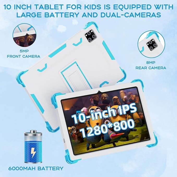 10 Inch Android 15 Kids Tablet, 10GB RAM 64GB ROM Storage, 10000mAh Large Battery, Parental Control, Pre-Installed Educational Apps, Learning Tablet for Kids 3-7（Blue）