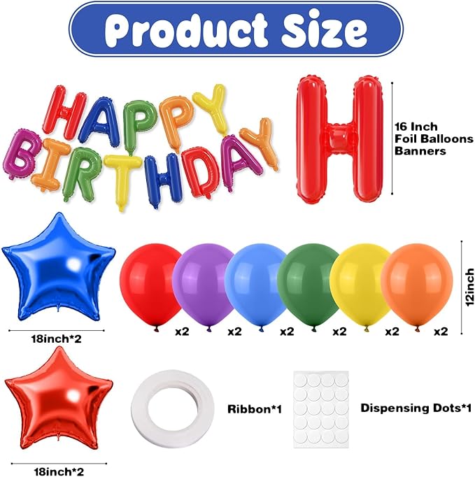 29PC Rainbow Happy Birthday Balloon Banner, 16 Inch 3D Aluminum Letter Banner Sign, Colourful Latex Balloon Helium 18 Inch Star Foil Balloon for Kids, Women, Men Birthday Party Decorations