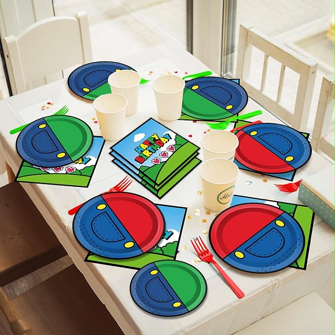 96 Pcs Super Brother Party Supplies Set Super Brother Plates Super Video Games Tablewear and Napkins Forks Super Bros Birthday Party Decorations for Kids Baby Shower Serves 24