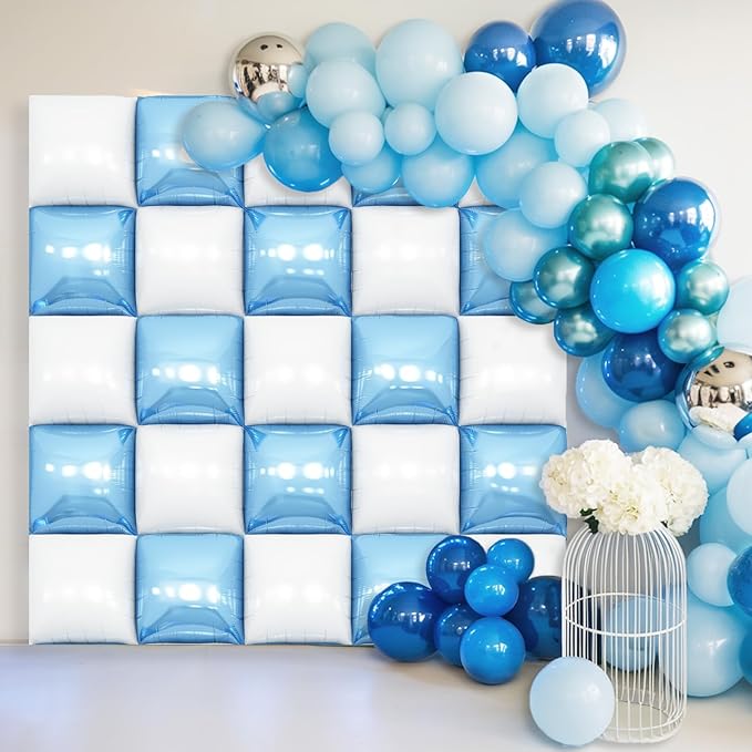 Blue White Square Foil Balloon Wall,25Pcs Double Sided Foil Balloons Backdrop Helium Polyester Tunnel Arch Garland Kit for Birthday Bridal Anniversary Baby Shower Party Decorations