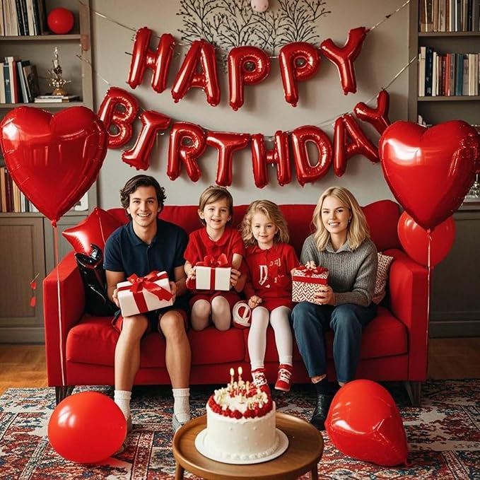 27 Pcs Red Birthday Decorations, 3D Foil Red Happy Birthday Balloon Banner, Pentagram Heart Foil Balloons Confetti Balloons Kit For Boys Girls Birthday Party Supplies