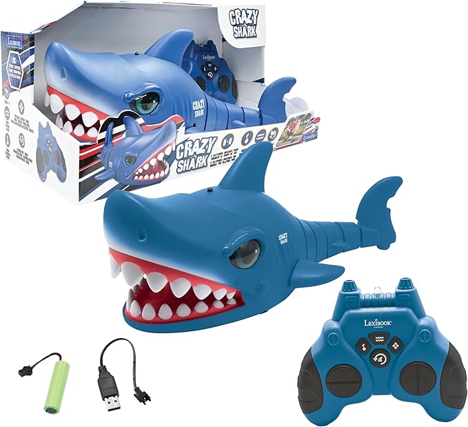 LEXiBOOK - Crazy Shark - Remote Control Shark, Up to 3mph, Automatic Hunt and Dance Modes, programmable, Music Effects, Blue, SHARK01
