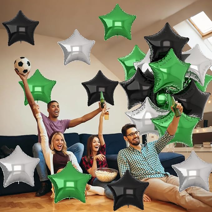 Green Black Star Balloons, 18Inch Balck Olive and Silver Stars Shape Foil Balloons Helium, 12Pcs Green Pentagram Mylar Party Decoration for Boy Men Birthday Graduation Video Games Soccer Party Supplie