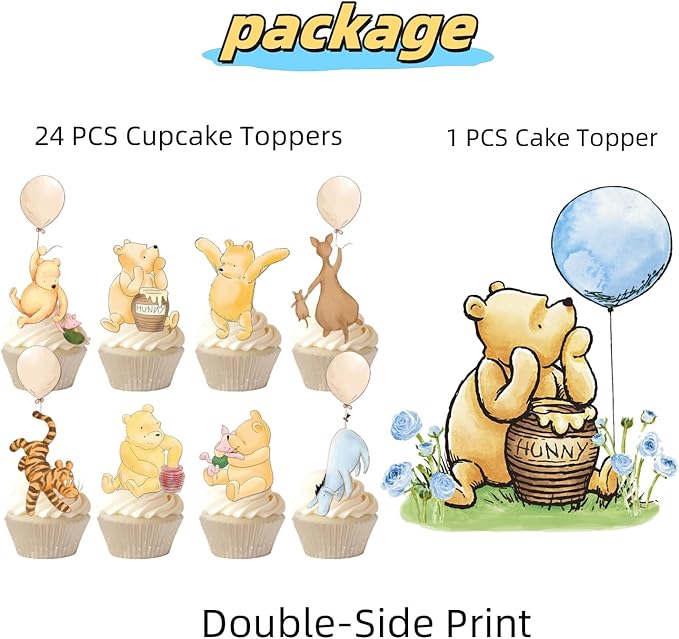 25PCS Winnie Cake Topper and Cupcake Toppers Kit For Baby Shower Decorations Boys Pooh Birthday Cake Decorations Oh Baby Party Supplies