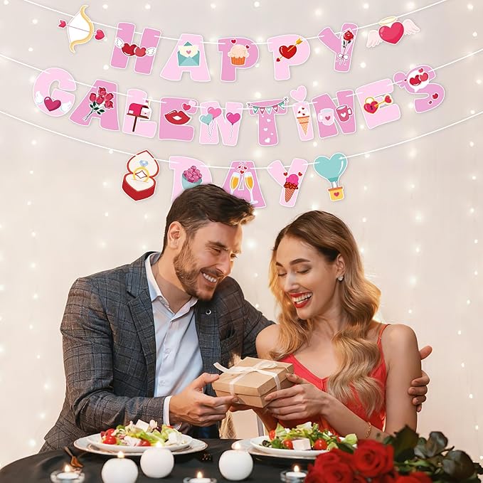 Happy Galentine's Day Banner Pink Galentine’s Day Garlands Decorations with Heart Valentines Day Banner for Girls Ladies Friends Galentines Day Decoration
