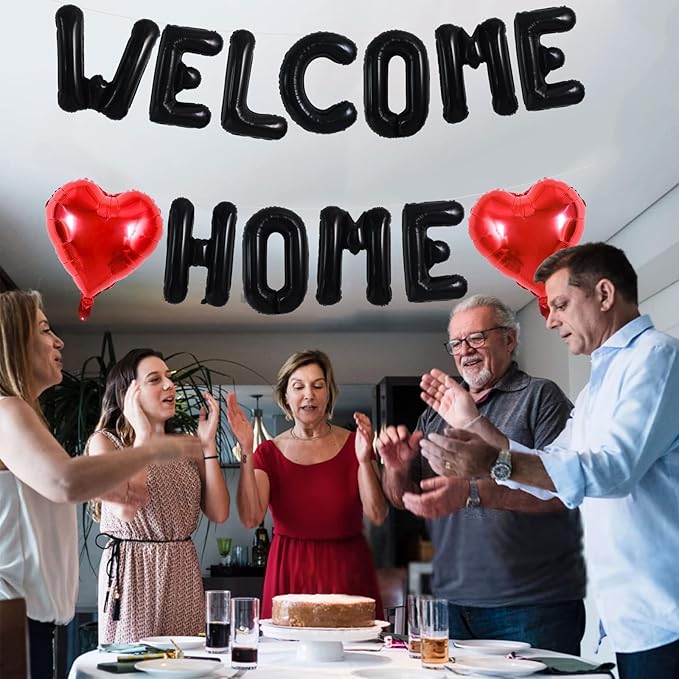 TONIFUL Welcome Home Balloons,16 Inch Black Welcome Home Foil Balloons Banner Welcome Home Party Decorations for Homecoming Party Decorations House Warming Party Family Gathering Supplies