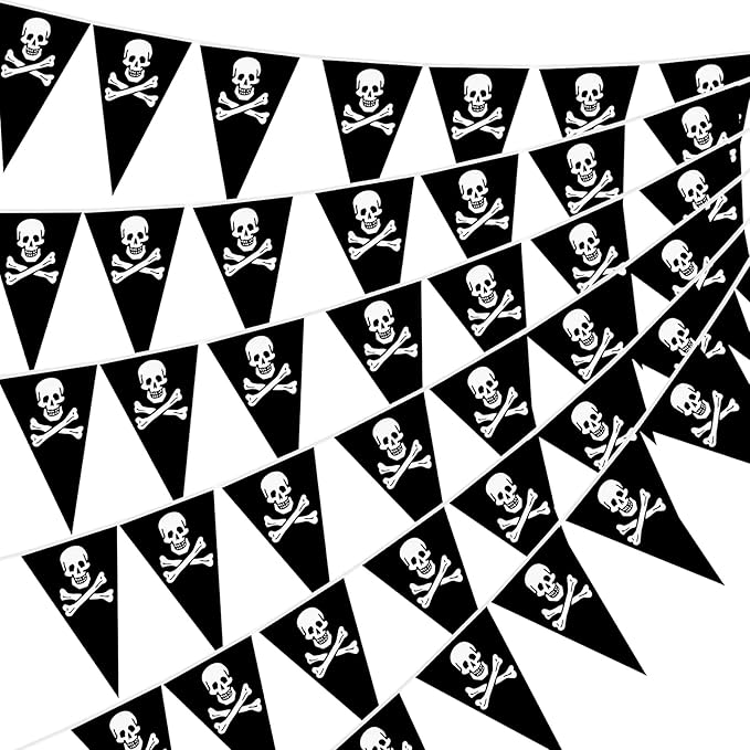 Tatuo 90 Pcs Pirate Banner Flag 99 ft Skull Pirate Party Decorations Birthday Jolly Roger Ship Triangle Pennant Bunting Decor for Gasparilla Celebration Indoor Outdoor Party Supplies