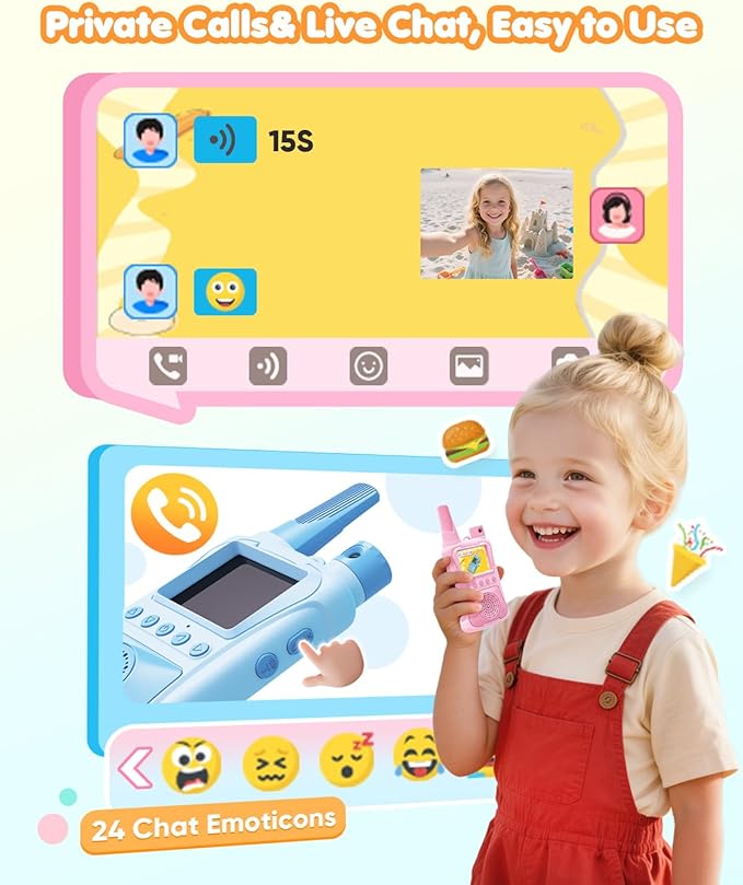 Video Walkie Talkies for Kids 2 Pack with 180° Camera & Games & HD Screen, Rechargeable Long Range Camera Walkie Talkies, Toddler Indoor Outdoor Toys Birthday Gifts for Girls Boys Age 3-12 Year Old