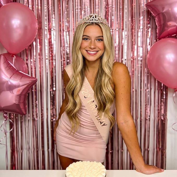 Semato 20th Birthday Decorations for Her Sash and Crown Tiara Kit Rose Gold 20th Birthday Gifts for Girls Party Supplies