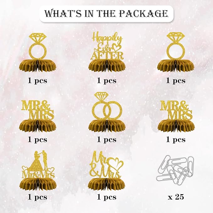 Maicaiffe Mr & Mrs Table Honeycomb Centerpieses Decorations - Glitter 8 Pcs Wedding Engagement Party Table Toppers Decor - Bridal Shower - Wedding Party Decoration Supplies