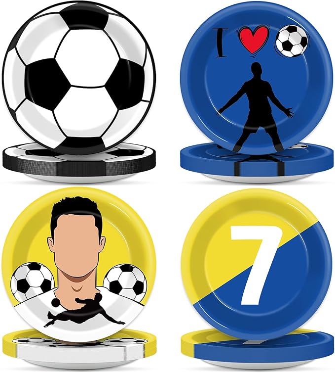 48Pcs Soccer Paper Plates Set Soccer Star Disposable Dessert Plates Supplies 7Inch Blue and Yellow Sports Ball Plate Sport Party Dinnerware Decorations for Birthday Baby Shower Party Decorations