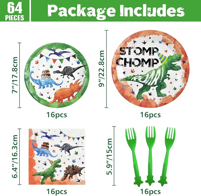 WERNNSAI Dinosaur Party Decorations - 64 PCS Dinosaur Plates Napkins and Forks Set Boys Birthday Party Decorations for Kids Baby Shower Dino Theme Parties Serves 16 Guests