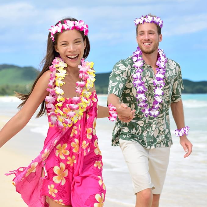 Hawaiian Leis Luau Party Decorations Set, 54Pcs Hawaiian Luau Party Supplies Flower Leis Necklaces Headbands Wristbands Grass Hula Skirt Lays Tropical Summer Beach Birthday Holiday Party Favors