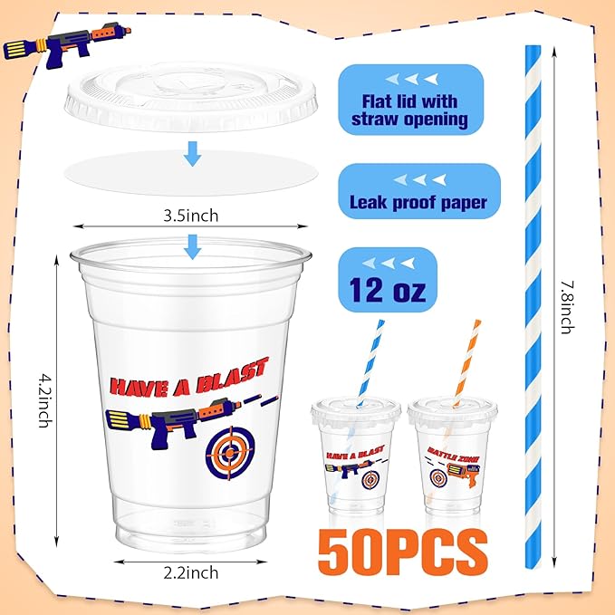 Domensi 50 Pcs Dart Party Plastic Cups 12 oz Disposable Dart Game Plastic Cups with Straws and Lids Gun Clear Mug Supplies Birthday Table Decorations Party Favor