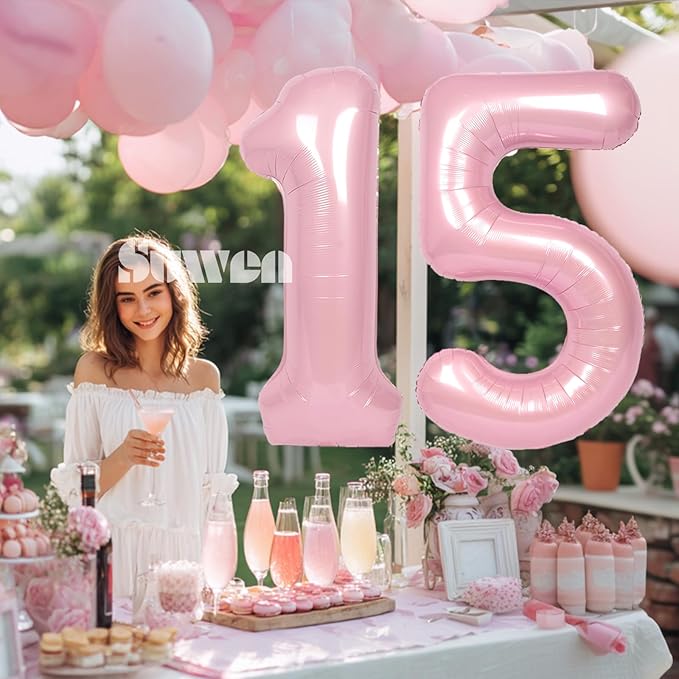 SUWEN 40 Inch Pink Large 15 Number Balloons Big Foil Helium Number Balloons 0-9 Jumbo Happy 15th Mylar Birthday Party Decorations for Girl or Women 51 Anniversary Party Supplies