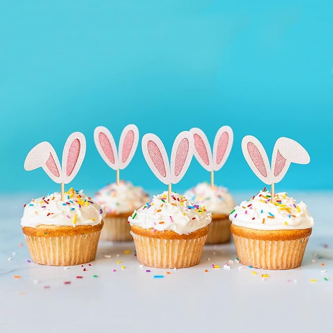 Ercadio 24 Pack Easter Bunny Ear Cupcake Toppers Glitter Pink Rabbit Ears Cupcake Picks Easter Bunny Cupcake Decors Rabbit Cake Toppers for Kids Girls Birthday Baby Shower Party Supplies