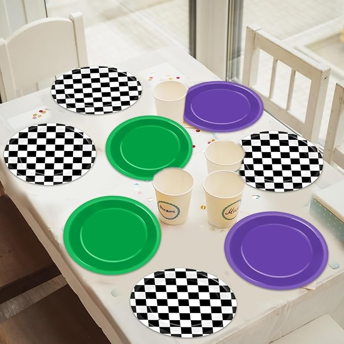 CHUNNIN 48PCS Green Purple Monster Truck Party Paper Plates for Monster Truck Themed Party Supplies 7" Checkered Racing Car Cake Disposable Dinnerware for Kids Birthday Baby Shower Decorations
