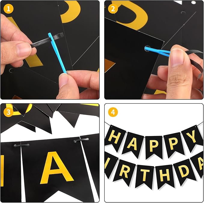 Black Gold Happy Birthday Banner, Happy Birthday Decorations Hanging Birthday Sign Circle Dot Triangle Bunting for Women Men Girl Boy Party Supplies