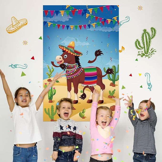 Hxezoc Pin The Tail On The Donkey Party Game With 50 Pcs Tails Large Mexican Donkey Games Poster for Kids Birthday Party Carnival Fiesta Party Supplies