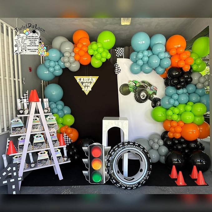 Black Green Orange Balloon Arch kit for Boys Hot Wheels Birthday Tots and Trucks Baby Shower Race Car Two Fast Monster Truck Party Decorations (Green Blue Orange)