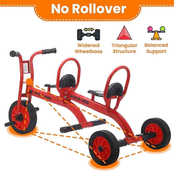 Kids Tricycle for Ages 3-8, Double Kids Trike Bike, Preschool Daycare Outdoor Tandem Bike with Airless Rubber Tires, Two-Seater and Non-Slip Pedals, Gift for Boys and Girls