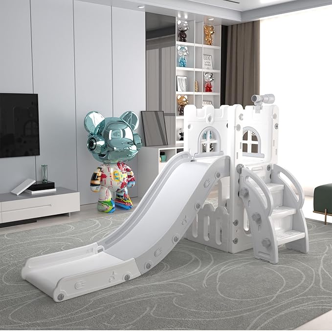 MOCUTEEN 6 in 1 Toddler Slide,Baby Playset for Indoor Outdoor Playground with Basketball Hoop,Storage and Telescope,Climbing Toys for Toddler Playground Playset