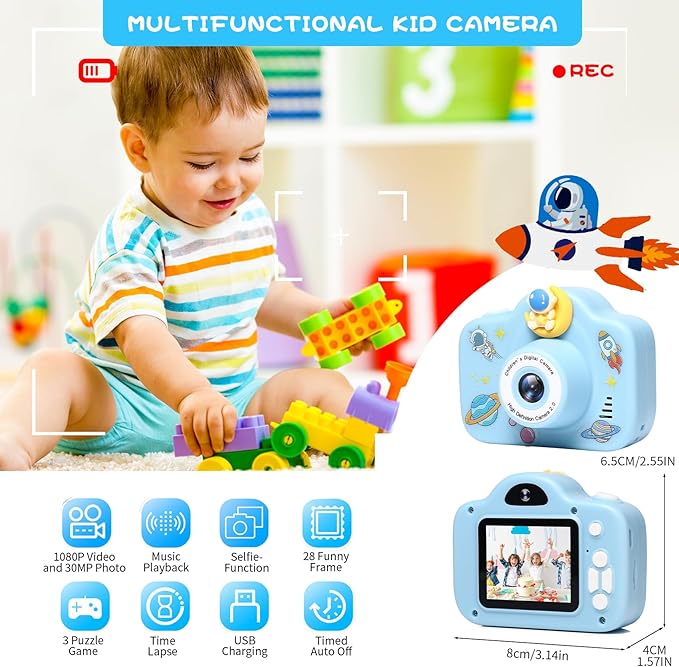 Kids Camera, Christmas Birthday Gifts for Children Age 3-8, HD Digital Video Cameras for Children, Portable Toy for 3 4 5 6 7 8 Year Old Kid with 32GB SD Card and Cute Children's Camera Bag (Blue)
