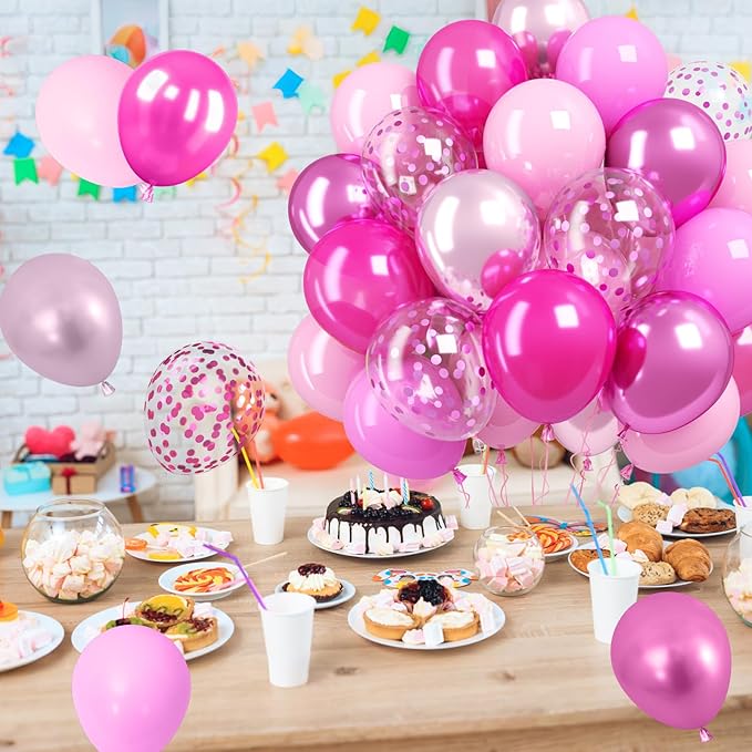 Hot Pink Balloons Set,Metallic Pink Balloon,12 Inch Chrome Magenta Dark Pink Confetti Balloon for Valentine's Day Birthday Baby Shower Wedding Princess Party Decoration