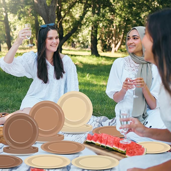 48Pcs Brown Theme Birthday Party Paper Plates for Boho Baby Shower Table Supplies 7" Brown Gradient Color Round Birthday Disposable Dessert Cake Plates Farmhouse Wedding Gathering Party Decorations