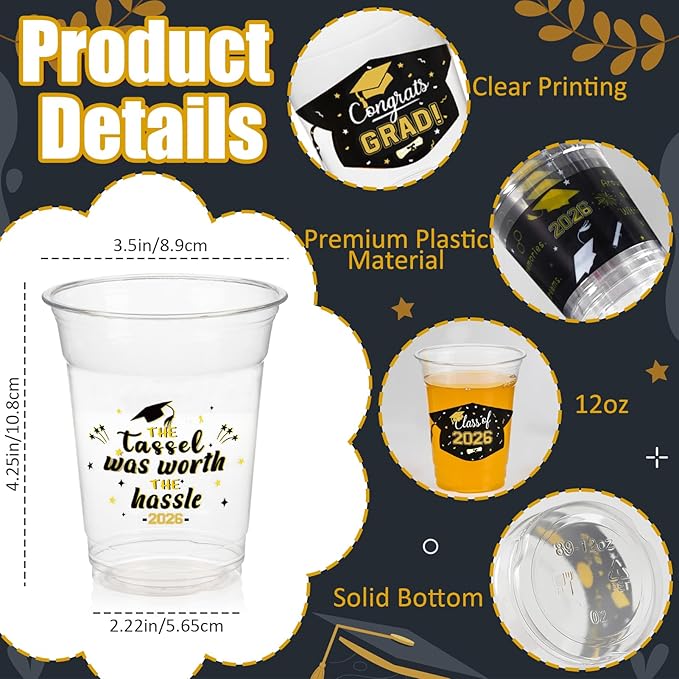 GuassLee Black and Gold Graduation Decorations 2026 Party Cups - 50pcs 12 Oz Black Gold Disposable Graduation Plastic Cups for Drinks Class of 2026 Grad Party Supplies