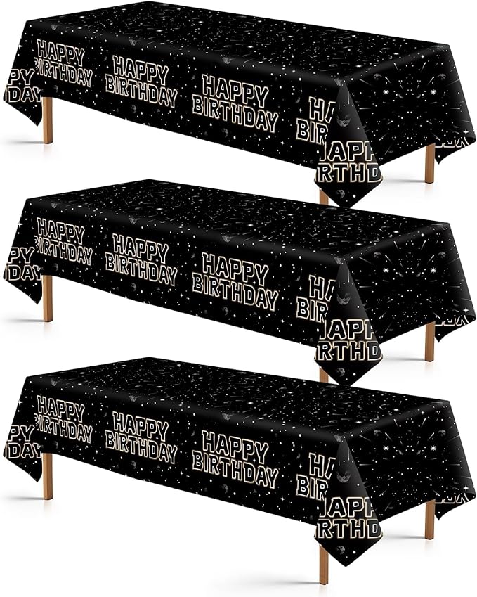 3Pcs Star Galaxy Party Tablecloth Black Galaxy Movie Space Plastic Table Cover Waterproof Black Universe Wars Theme Disposable Table Cloth for Kids Boys Mens Birthday Party Decorations 54 x 108 Inch